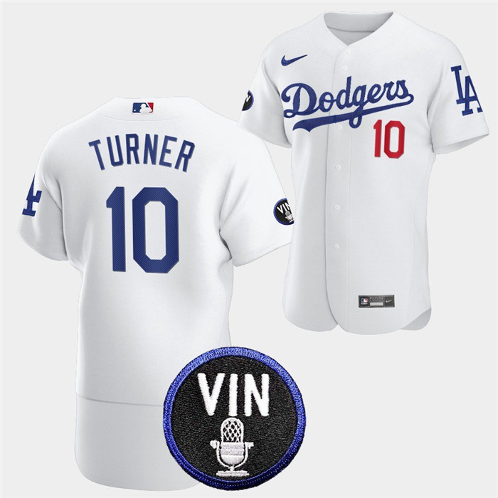 Men's Los Angeles Dodgers #10 Justin Turner 2022 White Vin Scully Patch Flex Base Stitched Baseball Jersey Men's Los Angeles Dodgers #10 Justin Turner 2022 White Vin Scully Patch Flex Base Stitched Baseball Jersey