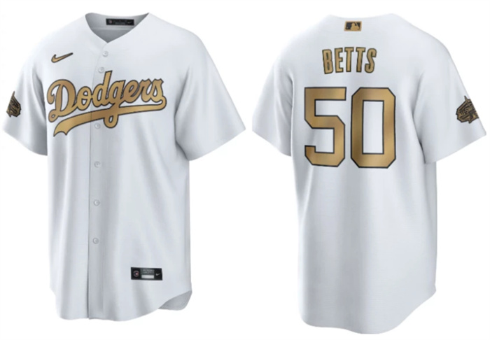 Men's Los Angeles Dodgers #50 Mookie Betts 2022 All-Star White Cool Base Stitched Baseball Jersey Men's Los Angeles Dodgers #50 Mookie Betts 2022 All-Star White Cool Base Stitched Baseball Jersey