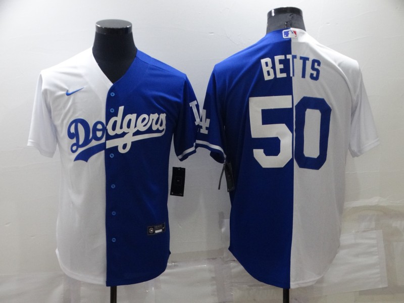 Men's Los Angeles Dodgers #50 Mookie Betts White Blue Split Cool Base Stitched Baseball Jerseys Men's Los Angeles Dodgers #50 Mookie Betts White Blue Split Cool Base Stitched Baseball Jerseys