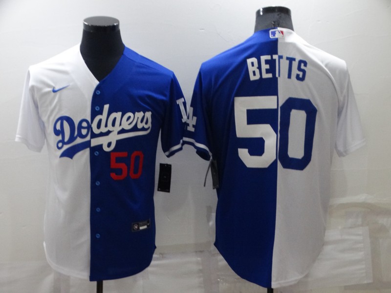 Men's Los Angeles Dodgers #50 Mookie Betts White Blue Split Cool Base Stitched Baseball Jersey Men's Los Angeles Dodgers #50 Mookie Betts White Blue Split Cool Base Stitched Baseball Jersey