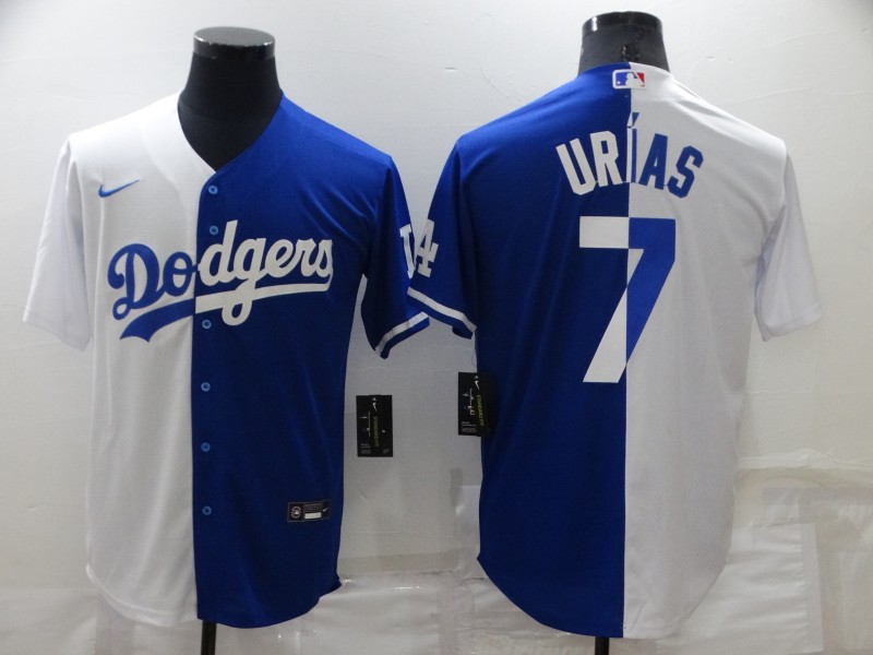 Men's Los Angeles Dodgers #7 Julio Urias White Blue Split Cool Base Stitched Baseball Jersey Men's Los Angeles Dodgers #7 Julio Urias White Blue Split Cool Base Stitched Baseball Jersey
