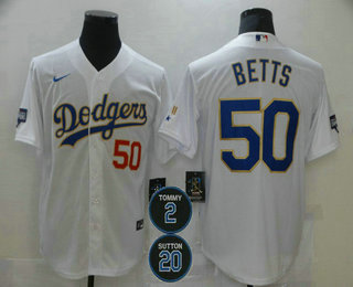 Men's Los Angeles Dodgers #50 Mookie Betts Red Number White Gold #2 #20 Patch Stitched MLB Cool Base Nike Jersey Men's Los Angeles Dodgers #50 Mookie Betts Red Number White Gold #2 #20 Patch Stitched MLB Cool Base Nike Jersey