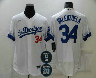 Men's Los Angeles Dodgers #34 Fernando Valenzuela White #2 #20 Patch City Connect Flex Base Stitched Jersey Men's Los Angeles Dodgers #34 Fernando Valenzuela White #2 #20 Patch City Connect Flex Base Stitched Jersey