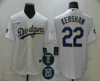 Men's Los Angeles Dodgers #22 Clayton Kershaw White Gold #2 #20 Patch Stitched MLB Cool Base Nike Jersey Men's Los Angeles Dodgers #22 Clayton Kershaw White Gold #2 #20 Patch Stitched MLB Cool Base Nike Jersey
