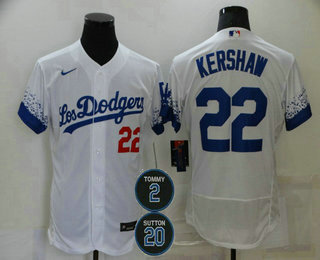 Men's Los Angeles Dodgers #22 Clayton Kershaw White #2 #20 Patch City Connect Flex Base Stitched Jersey Men's Los Angeles Dodgers #22 Clayton Kershaw White #2 #20 Patch City Connect Flex Base Stitched Jersey