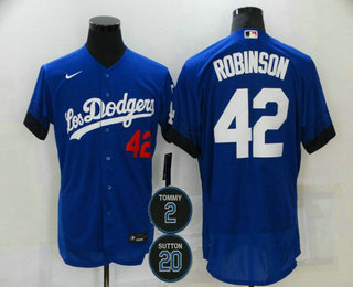 Men's Los Angeles Dodgers #42 Jackie Robinson Blue #2 #20 Patch City Connect Flex Base Stitched Jersey Men's Los Angeles Dodgers #42 Jackie Robinson Blue #2 #20 Patch City Connect Flex Base Stitched Jersey