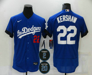 Men's Los Angeles Dodgers #22 Clayton Kershaw Blue #2 #20 Patch City Connect Flex Base Stitched Jersey Men's Los Angeles Dodgers #22 Clayton Kershaw Blue #2 #20 Patch City Connect Flex Base Stitched Jersey