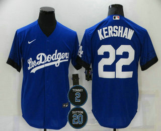 Men's Los Angeles Dodgers #22 Clayton Kershaw Blue #2 #20 Patch City Connect Cool Base Stitched Jersey Men's Los Angeles Dodgers #22 Clayton Kershaw Blue #2 #20 Patch City Connect Cool Base Stitched Jersey