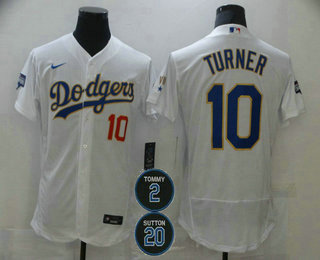 Men's Los Angeles Dodgers #10 Justin Turner White Gold #2 #20 Patch Stitched MLB Flex Base Nike Jersey Men's Los Angeles Dodgers #10 Justin Turner White Gold #2 #20 Patch Stitched MLB Flex Base Nike Jersey