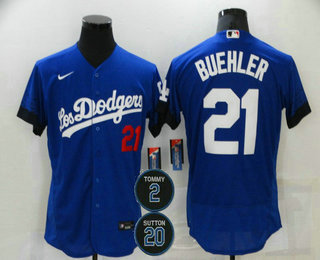Men's Los Angeles Dodgers #21 Walker Buehler Blue #2 #20 Patch City Connect Flex Base Stitched Jersey Men's Los Angeles Dodgers #21 Walker Buehler Blue #2 #20 Patch City Connect Flex Base Stitched Jersey