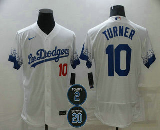 Men's Los Angeles Dodgers #10 Justin Turner White #2 #20 Patch City Connect Flex Base Stitched Jersey Men's Los Angeles Dodgers #10 Justin Turner White #2 #20 Patch City Connect Flex Base Stitched Jersey