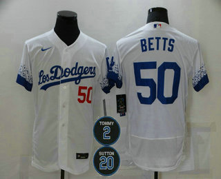 Men's Los Angeles Dodgers #50 Mookie Betts White #2 #20 Patch City Connect Flex Base Stitched Jersey Men's Los Angeles Dodgers #50 Mookie Betts White #2 #20 Patch City Connect Flex Base Stitched Jersey