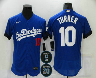 Men's Los Angeles Dodgers #10 Justin Turner Blue #2 #20 Patch City Connect Flex Base Stitched Jersey Men's Los Angeles Dodgers #10 Justin Turner Blue #2 #20 Patch City Connect Flex Base Stitched Jersey