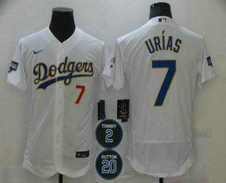 Men's Los Angeles Dodgers #7 Julio Urias White Gold #2 #20 Patch Stitched MLB Flex Base Nike Jersey Men's Los Angeles Dodgers #7 Julio Urias White Gold #2 #20 Patch Stitched MLB Flex Base Nike Jersey