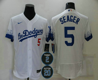 Men's Los Angeles Dodgers #5 Corey Seager White #2 #20 Patch City Connect Flex Base Stitched Jersey Men's Los Angeles Dodgers #5 Corey Seager White #2 #20 Patch City Connect Flex Base Stitched Jersey