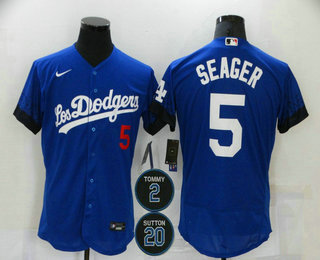 Men's Los Angeles Dodgers #5 Corey Seager Blue #2 #20 Patch City Connect Flex Base Stitched Jersey Men's Los Angeles Dodgers #5 Corey Seager Blue #2 #20 Patch City Connect Flex Base Stitched Jersey