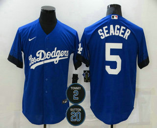 Men's Los Angeles Dodgers #5 Corey Seager Blue #2 #20 Patch City Connect Cool Base Stitched Jersey Men's Los Angeles Dodgers #5 Corey Seager Blue #2 #20 Patch City Connect Cool Base Stitched Jersey