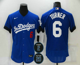 Men's Los Angeles Dodgers #6 Trea Turner Blue #2 #20 Patch City Connect Flex Base Stitched Jersey Men's Los Angeles Dodgers #6 Trea Turner Blue #2 #20 Patch City Connect Flex Base Stitched Jersey