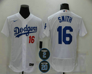 Men's Los Angeles Dodgers #16 Will Smith White #2 #20 Patch Stitched MLB Flex Base Nike Jersey Men's Los Angeles Dodgers #16 Will Smith White #2 #20 Patch Stitched MLB Flex Base Nike Jersey