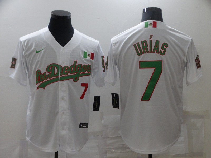 Men's Los Angeles Dodgers #7 Julio Urias White Green Cool Base Stitched Baseball Jersey Men's Los Angeles Dodgers #7 Julio Urias White Green Cool Base Stitched Baseball Jersey