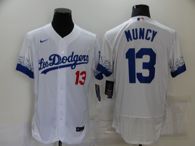 Men's Los Angeles Dodgers #13 Max Muncy White 2021 City Connect Flex Base Stitched Jersey Men's Los Angeles Dodgers #13 Max Muncy White 2021 City Connect Flex Base Stitched Jersey
