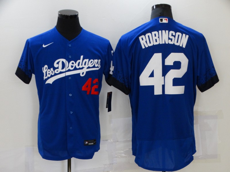 Men's Los Angeles Dodgers #42 Jackie Robinson Blue 2021 City Connect Flex Base Stitched Jersey Men's Los Angeles Dodgers #42 Jackie Robinson Blue 2021 City Connect Flex Base Stitched Jersey