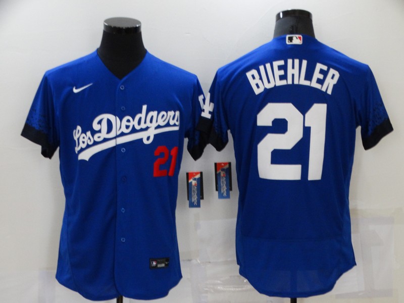 Men's Los Angeles Dodgers #21 Walker Buehler Blue 2021 City Connect Flex Base Stitched Jersey Men's Los Angeles Dodgers #21 Walker Buehler Blue 2021 City Connect Flex Base Stitched Jersey