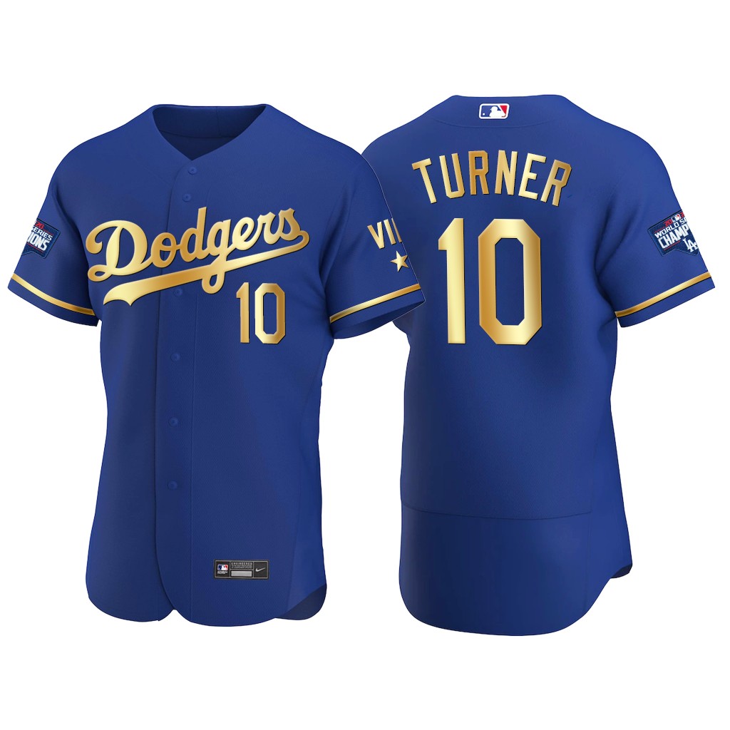 Los Angeles Dodgers #10 Justin Turner Men's Nike Authentic 2021 Gold Program World Series Champions MLB Jersey Royal Los Angeles Dodgers #10 Justin Turner Men's Nike Authentic 2021 Gold Program World Series Champions MLB Jersey Royal