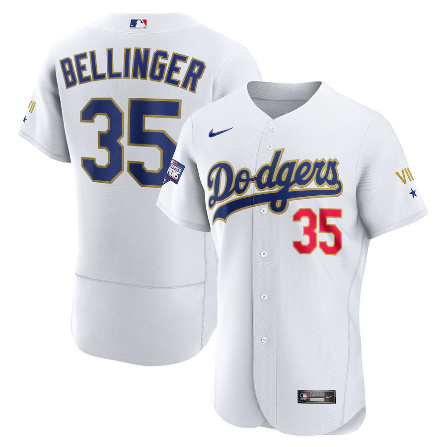 Men's Los Angeles Dodgers #35 Cody Bellinger Nike White Gold 2021 Gold Program Flexbase Jersey Men's Los Angeles Dodgers #35 Cody Bellinger Nike White Gold 2021 Gold Program Flexbase Jersey
