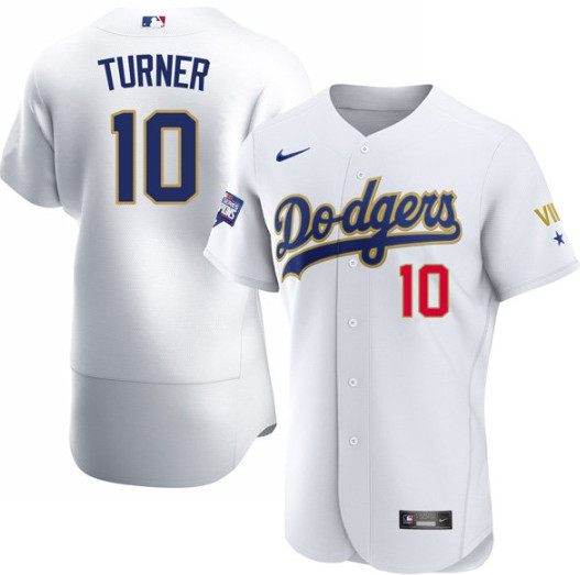 Men's Los Angeles Dodgers #10 Justin Turner Nike White Gold 2021 Gold Program Flexbase Jersey Men's Los Angeles Dodgers #10 Justin Turner Nike White Gold 2021 Gold Program Flexbase Jersey