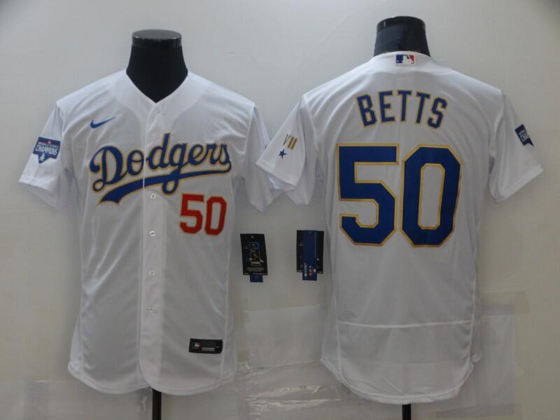 Men's Los Angeles Dodgers #50 Mookie Betts Nike White Gold 2021 Gold Program Flexbase Jersey Men's Los Angeles Dodgers #50 Mookie Betts Nike White Gold 2021 Gold Program Flexbase Jersey