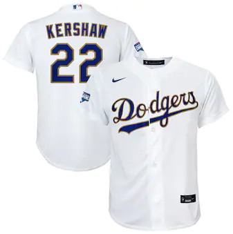 Men's Los Angeles Dodgers #22 Clayton Kershaw Nike White Gold 2021 Gold Program Player Jersey Men's Los Angeles Dodgers #22 Clayton Kershaw Nike White Gold 2021 Gold Program Player Jersey