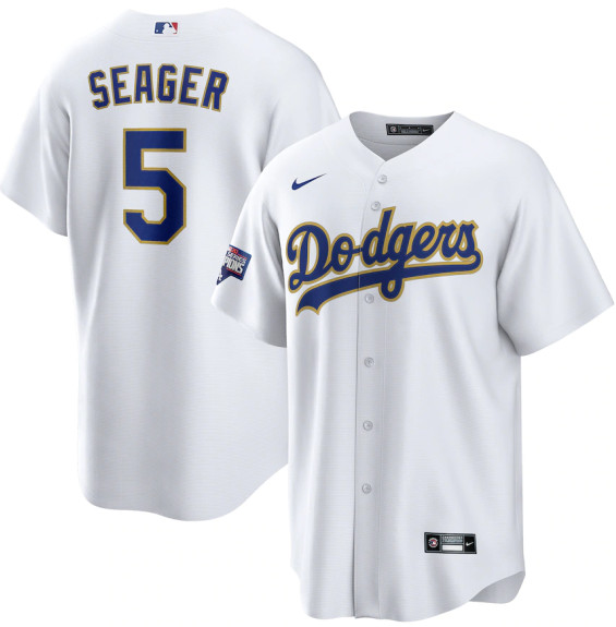 Men's Los Angeles Dodgers #5 Corey Seager Nike White Gold 2021 Gold Program Player Jersey Men's Los Angeles Dodgers #5 Corey Seager Nike White Gold 2021 Gold Program Player Jersey