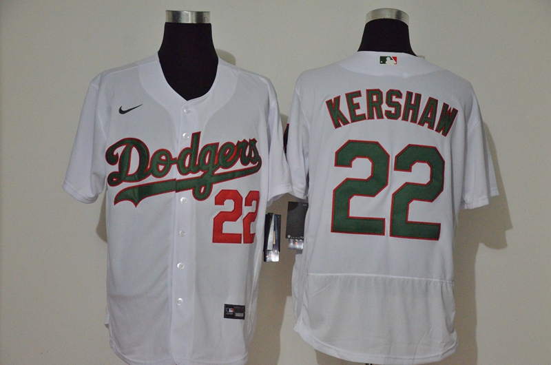 Men's Los Angeles Dodgers #22 Clayton Kershaw White With Green Name Stitched MLB Flex Base Nike Jersey Men's Los Angeles Dodgers #22 Clayton Kershaw White With Green Name Stitched MLB Flex Base Nike Jersey
