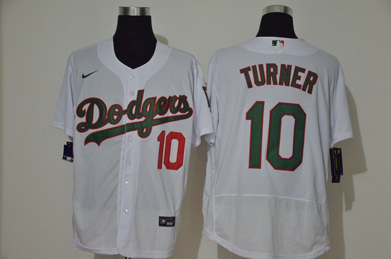Men's Los Angeles Dodgers #10 Justin Turner White With Green Name Stitched MLB Flex Base Nike Jersey Men's Los Angeles Dodgers #10 Justin Turner White With Green Name Stitched MLB Flex Base Nike Jersey