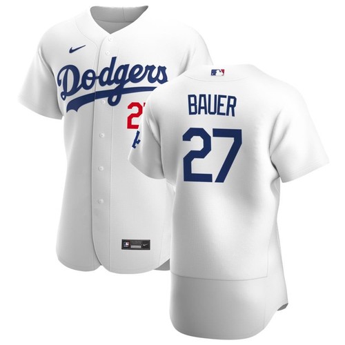 Men's Dodgers #27 Trevor Bauer White Home Flex Base Jersey Stitched 2021 Men's Dodgers #27 Trevor Bauer White Home Flex Base Jersey Stitched 2021