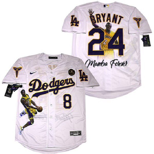 Men's Los Angeles Dodgers #8 #24 Kobe Bryant White With KB Patch Cool Base Stitched MLB Fashion Jersey Men's Los Angeles Dodgers #8 #24 Kobe Bryant White With KB Patch Cool Base Stitched MLB Fashion Jersey
