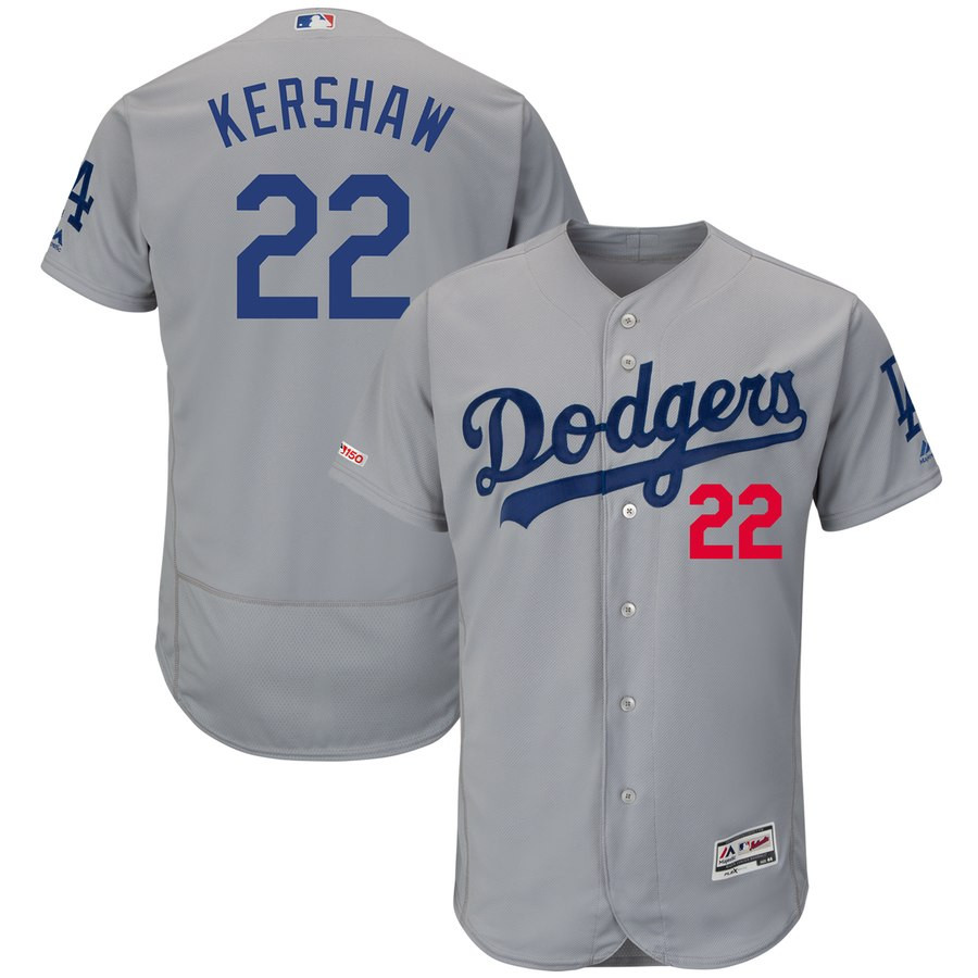 Dodgers 22 Clayton Kershaw Gray 150th Patch Flexbase Jersey Dodgers 22 Clayton Kershaw Gray 150th Patch Flexbase Jersey
