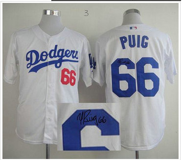 Los Angeles Dodgers #66 Yasiel Puig White Cool Base Autographed Stitched Baseball Jersey Los Angeles Dodgers #66 Yasiel Puig White Cool Base Autographed Stitched Baseball Jersey
