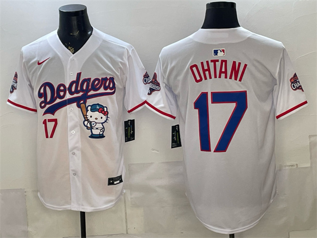Men's Los Angeles Dodgers #17 Shohei Ohtani White Hello Kitty Night 2025 World Series Champions Patch Stitched Baseball Jersey Men's Los Angeles Dodgers #17 Shohei Ohtani White Hello Kitty Night 2025 World Series Champions Patch Stitched Baseball Jersey