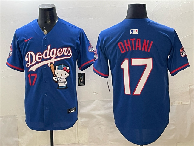 Men's Los Angeles Dodgers #17 Shohei Ohtani Royal Hello Kitty Night 2025 World Series Champions Patch Stitched Baseball Jersey Men's Los Angeles Dodgers #17 Shohei Ohtani Royal Hello Kitty Night 2025 World Series Champions Patch Stitched Baseball Jersey