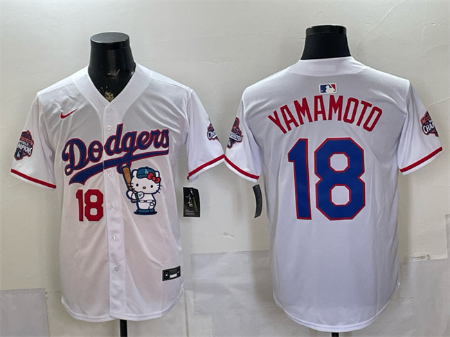 Men's Los Angeles Dodgers #18 Yoshinobu Yamamoto White Hello Kitty Night 2025 World Series Champions Patch Stitched Baseball Jersey Men's Los Angeles Dodgers #18 Yoshinobu Yamamoto White Hello Kitty Night 2025 World Series Champions Patch Stitched Baseball Jersey