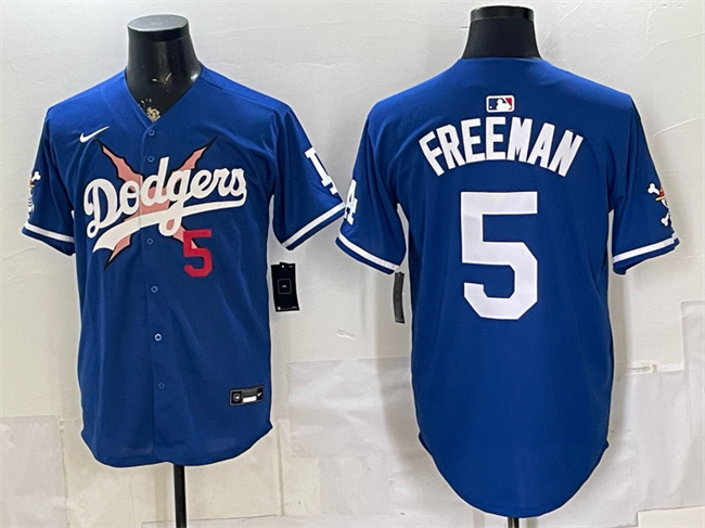 Men's Los Angeles Dodgers x One Piece #5 Freddie Freeman Royal Vapor Premier Limited Stitched Baseball Jersey Men's Los Angeles Dodgers x One Piece #5 Freddie Freeman Royal Vapor Premier Limited Stitched Baseball Jersey