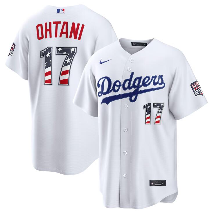 Men's Los Angeles Dodgers #17 Shohei Ohtani White 250 Fourth of July Home Stadium Stitched Baseball Jersey Men's Los Angeles Dodgers #17 Shohei Ohtani White 250 Fourth of July Home Stadium Stitched Baseball Jersey