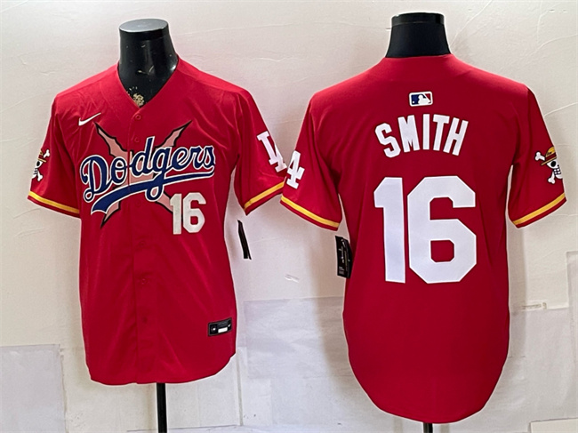 Men's Los Angeles Dodgers x One Piece #16 Will Smith Red Vapor Premier Limited Stitched Baseball Jersey Men's Los Angeles Dodgers x One Piece #16 Will Smith Red Vapor Premier Limited Stitched Baseball Jersey