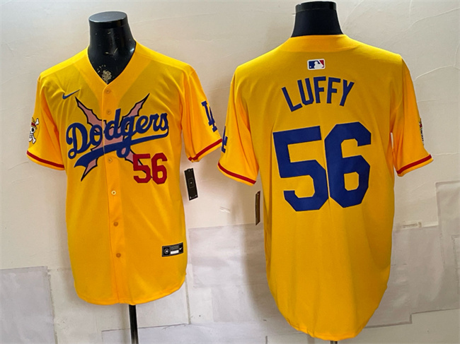 Men's Los Angeles Dodgers x One Piece #56 Luffy Yellow Vapor Premier Limited Stitched Baseball Jersey Men's Los Angeles Dodgers x One Piece #56 Luffy Yellow Vapor Premier Limited Stitched Baseball Jersey