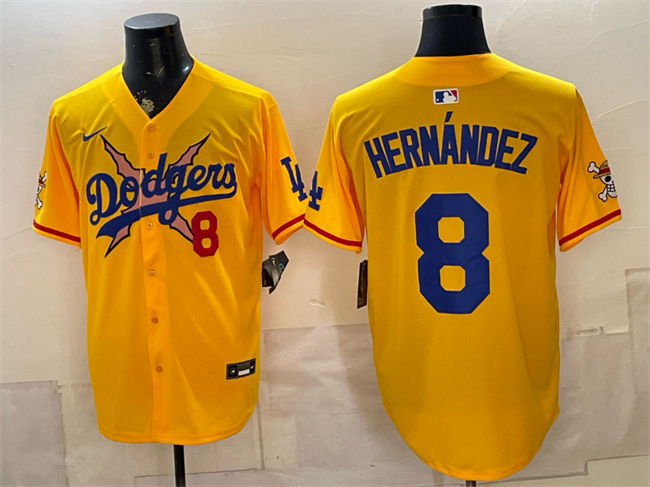Men's Los Angeles Dodgers x One Piece #8 Enrique Hernández Yellow Vapor Premier Limited Stitched Baseball Jersey Men's Los Angeles Dodgers x One Piece #8 Enrique Hernández Yellow Vapor Premier Limited Stitched Baseball Jersey
