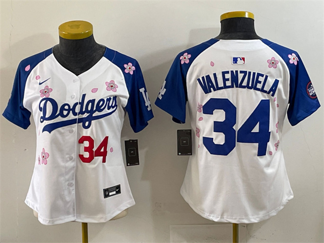 Women's Los Angeles Dodgers #34 Fernando Valenzuela White Royal 2025 Tokyo Series Limited Stitched Baseball Jersey(Run Small) Women's Los Angeles Dodgers #34 Fernando Valenzuela White Royal 2025 Tokyo Series Limited Stitched Baseball Jersey(Run Small)