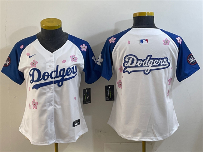 Women's Los Angeles Dodgers Team Big Logo White Royal 2025 Tokyo Series Limited Stitched Baseball Jersey(Run Small) 001 Women's Los Angeles Dodgers Team Big Logo White Royal 2025 Tokyo Series Limited Stitched Baseball Jersey(Run Small) 001