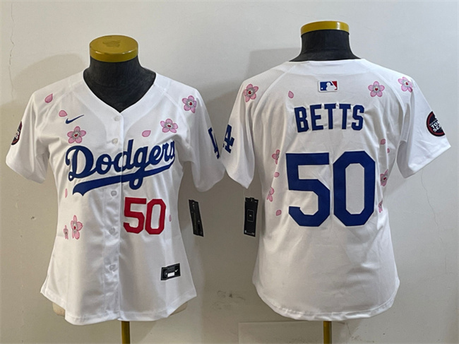 Women's Los Angeles Dodgers #50 Mookie Betts White 2025 Tokyo Series Limited Stitched Baseball Jersey(Run Small) Women's Los Angeles Dodgers #50 Mookie Betts White 2025 Tokyo Series Limited Stitched Baseball Jersey(Run Small)